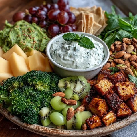Festive St. Patricks Day green food board with vibrant fruits, veggies, cheeses, and sweet treats for sharing.  
