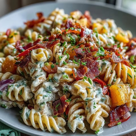 Creamy Hawaiian pasta salad featuring diced ham, sweet pineapple, and crunchy vegetables in ranch dressing.  