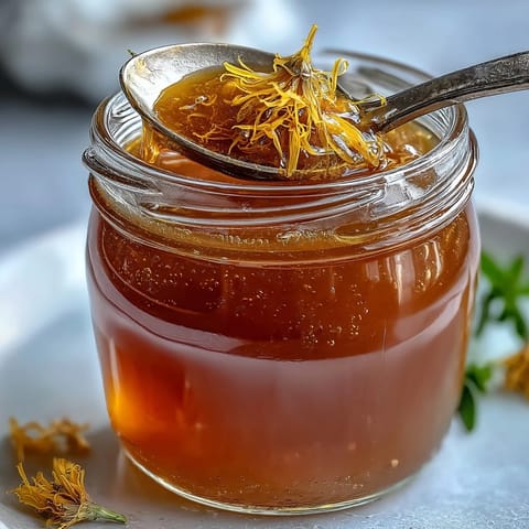 Dandelion jelly with fresh lemon and honey, a bright floral spread with golden petals and citrus zest, perfect for breakfast or dessert.