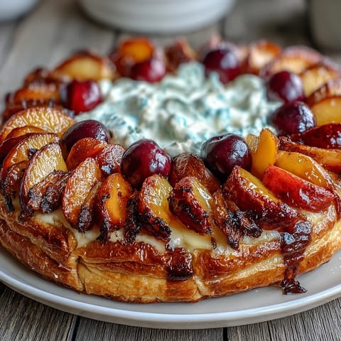 Rustic summer stone fruit galette with frangipane, featuring juicy peaches and plums over almond cream in flaky pastry.