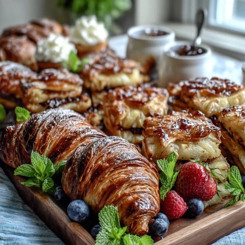 Elegant Mothers Day brunch board with flaky pastries, fresh fruit, and mimosas for a festive celebration.