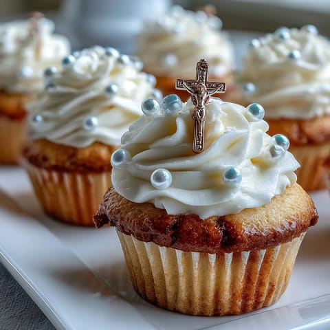 Elegant vanilla mini cupcakes with buttercream frosting and delicate fondant rosary toppers, ideal for First Communion celebrations.