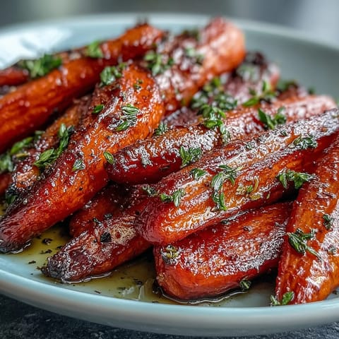 Honey Glazed Roasted Carrots with Thyme, glistening and caramelized, served on a rustic platter with fresh thyme sprigs.