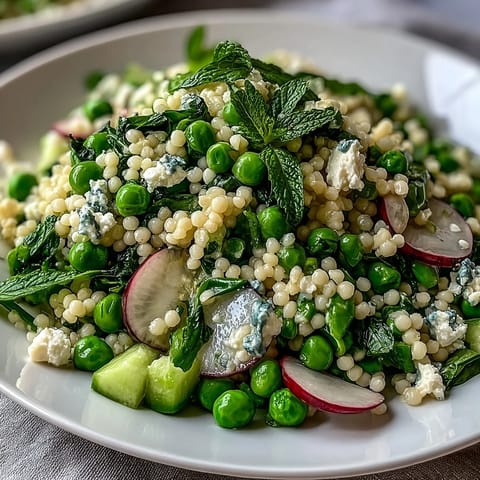 Fresh spring pea and mint couscous salad with crisp cucumbers and radishes, tossed in a lemon-garlic dressing for a bright Mediterranean side dish.