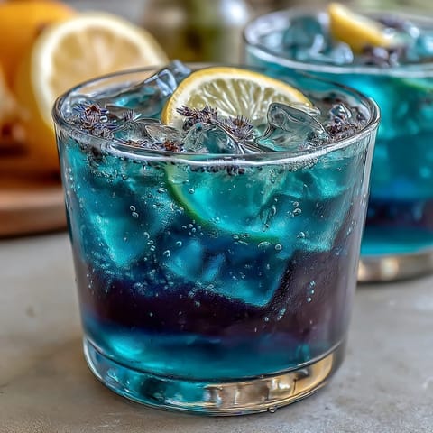 Magical color-changing butterfly pea flower lemonade with deep blue hue transforming to purple when citrus is mixed, perfect for summer parties.