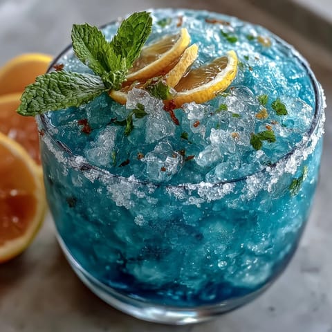Vibrant blue raspberry lemonade slushie with a frosty texture, perfect for cooling off on a hot summer day.