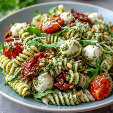 A colorful summer pasta salad with fresh pesto, cherry tomatoes, and mozzarella, perfect for outdoor picnics and warm-weather meals.
