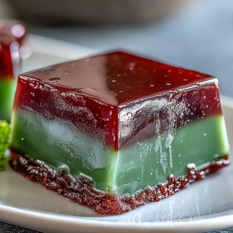 Yokan with matcha layer, a smooth red bean jelly dessert, beautifully sliced.