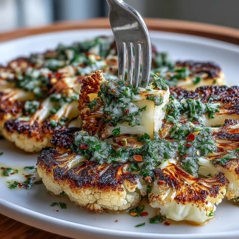 Grilled BBQ Cauliflower Steaks topped with fresh, zesty chimichurri sauce.