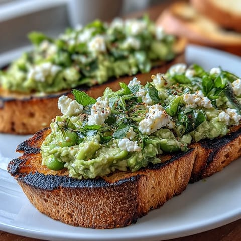Creamy fava bean mint bruschetta appetizer on smoky grilled sourdough bread.