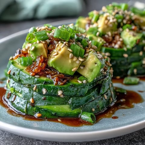 Smashed Cucumber and Avocado Salad glistening with sesame oil, a vibrant summer side.