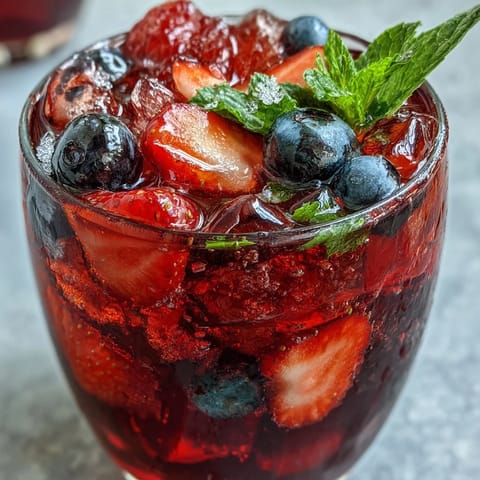 Vibrant Iced Hibiscus Berry Tea: refreshing beverage brimming with colorful fruit, perfect for a hot day.