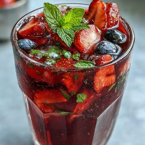 Iced Hibiscus Berry Tea with Fresh Fruit: bright crimson drink teeming with berries and citrus slices.