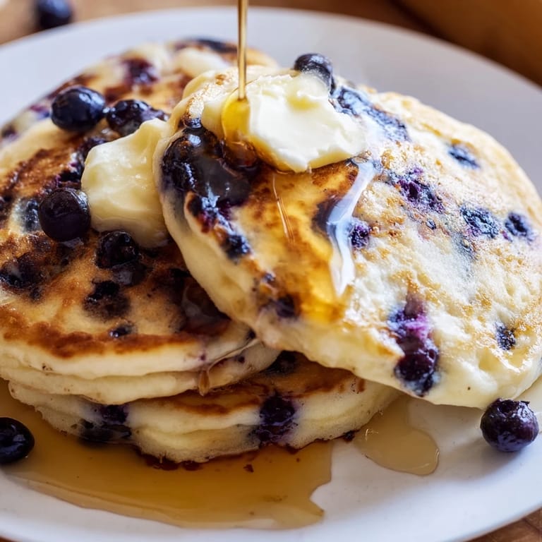 Warm Blueberry Pancakes on a white plate, fresh blueberries peeking through the golden batter for a cozy breakfast.