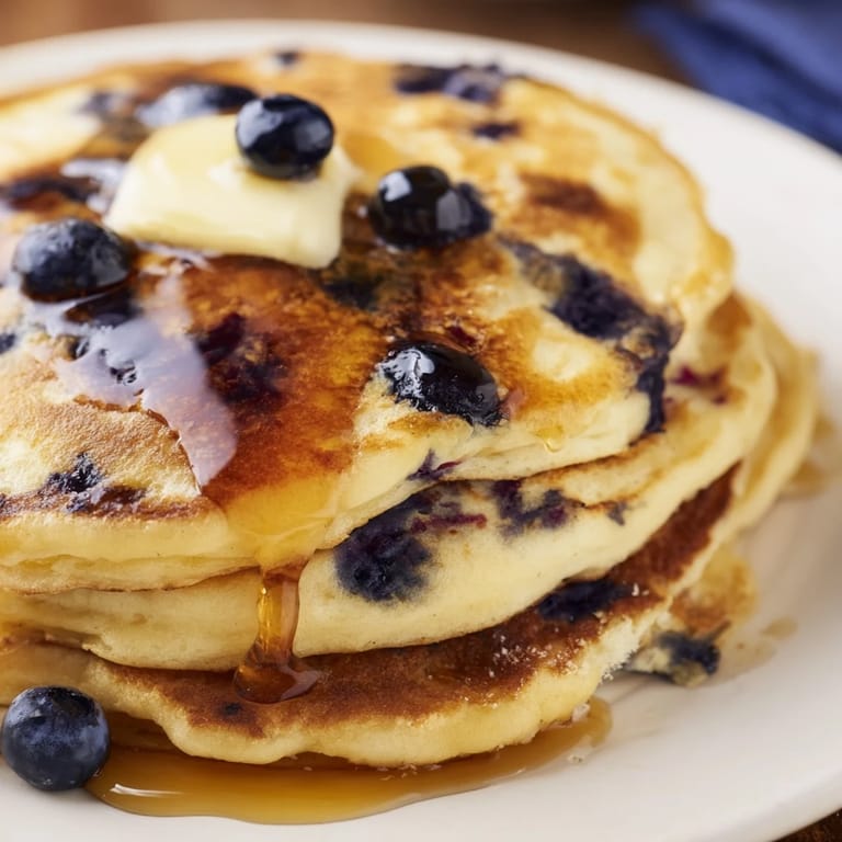 A fork holds a bite of fluffy Blueberry Pancakes with blueberries, syrup, and a side of butter.