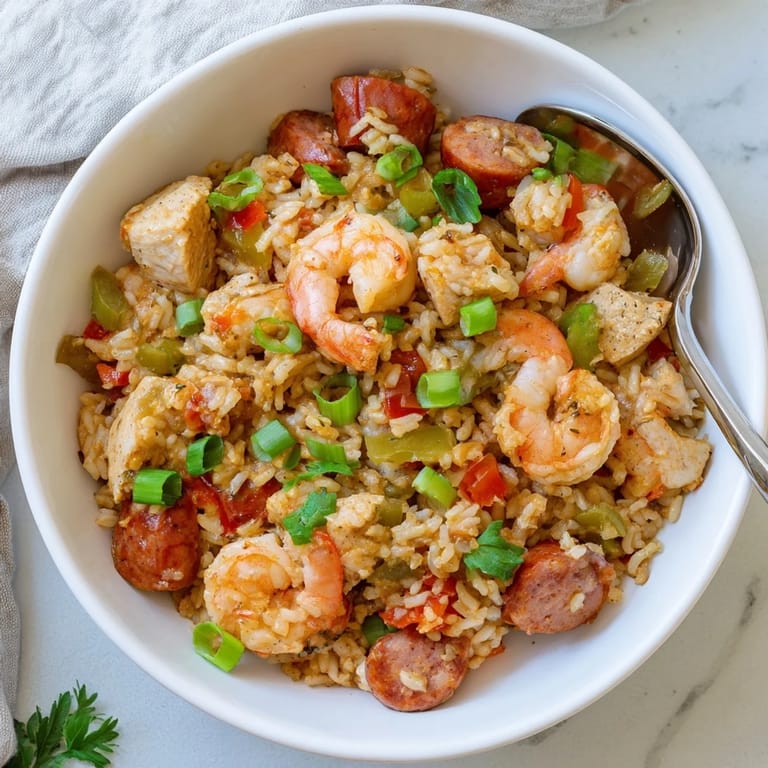 Served family-style bowl of jambalaya garnished with fresh parsley and green onions, ready to enjoy.