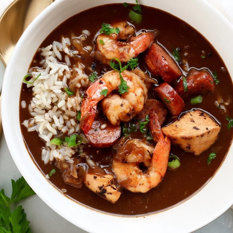 Close-up of Gumbo in a ceramic bowl, showcasing tender chicken, sausage, and shrimp in rich broth.