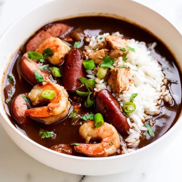 Dark roux-based Gumbo stew in a Dutch oven, garnished with scallions and parsley for serving.