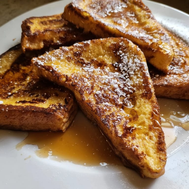 A stack of fluffy French toast dusted with powdered sugar, served with a side of blueberries.