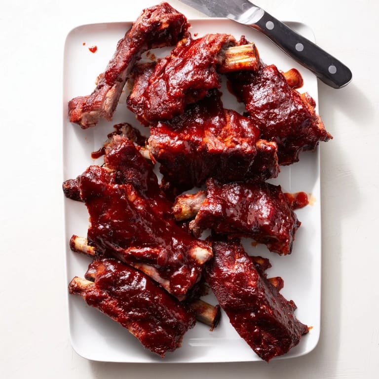 Tender, smoky BBQ Ribs paired with coleslaw on a wooden serving board.