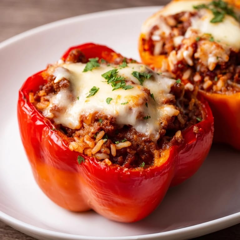 Golden-brown Stuffed Bell Peppers topped with melted mozzarella sit on a wooden table, ready to be served with fresh parsley garnish.