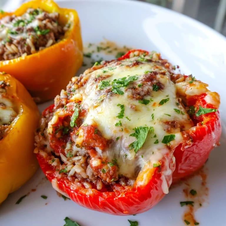Colorful roasted bell peppers stuffed with a hearty ground beef and rice mixture, smothered in rich tomato sauce and topped with melted cheese.