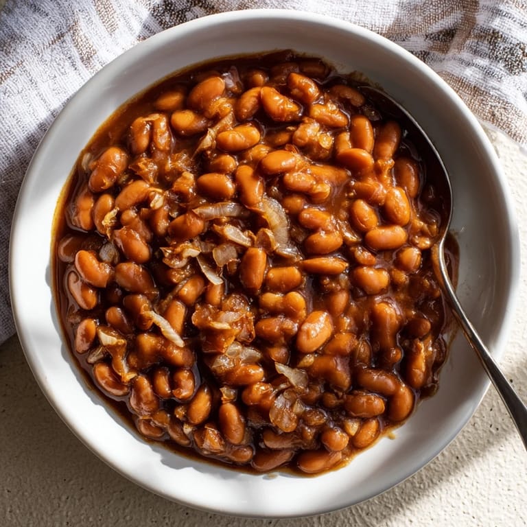 Golden-baked beans glisten in a rustic bowl, garnished with fresh parsley and served alongside crusty bread for breakfast.