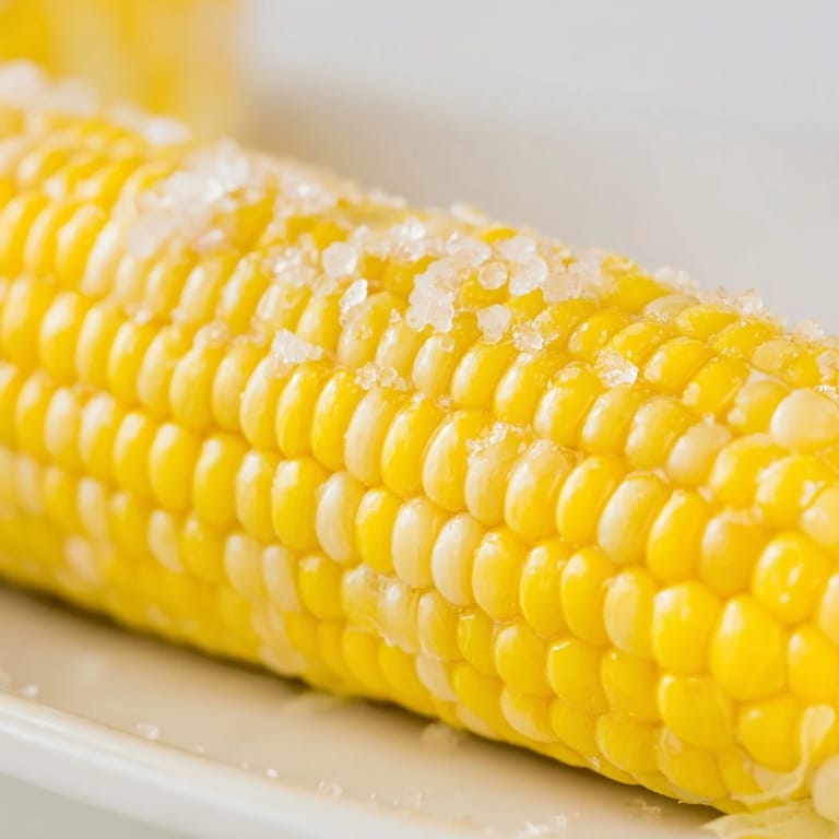 Freshly boiled Corn on the Cob with bright yellow kernels, patted dry and spread with creamy butter for a classic summer side.