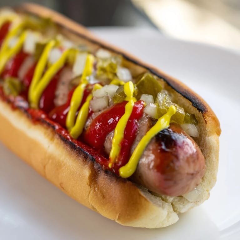 Four juicy frankfurters in toasted buns, loaded with yellow mustard, ketchup, sweet relish, and fresh diced onions.