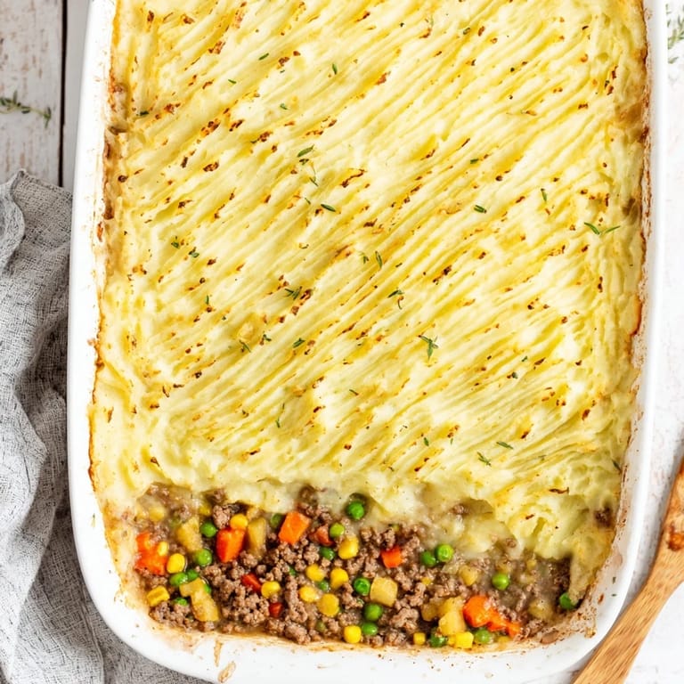 Comfort food Shepherd's Pie served steaming hot with a golden crust, ready to scoop onto dinner plates.