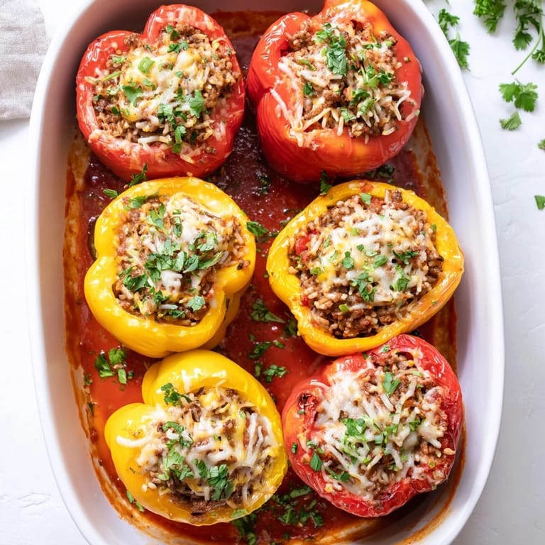 Close-up of Stuffed Bell Peppers revealing a hearty filling of tender ground meat, fluffy rice, and melted mozzarella, ready to serve for a cozy dinner.