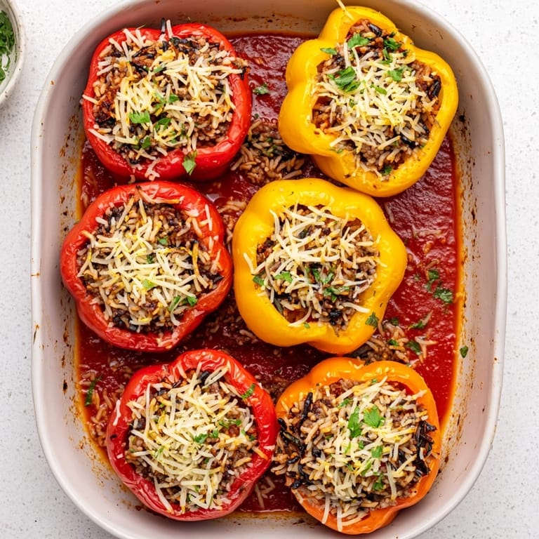 Vibrant red and yellow bell peppers stuffed with a Mediterranean-inspired meat and rice mixture, bubbling with tomato sauce and baked to cheesy perfection.