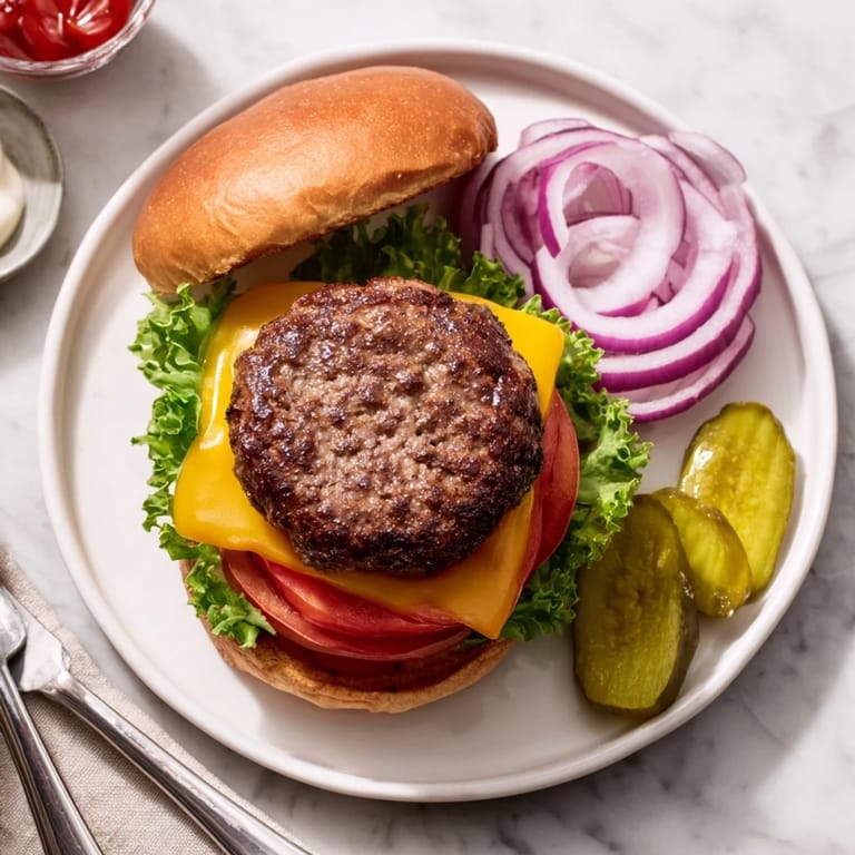 Freshly prepared Hamburgers with juicy beef patties and all the fixings, ready to serve at a sunny backyard barbecue gathering.