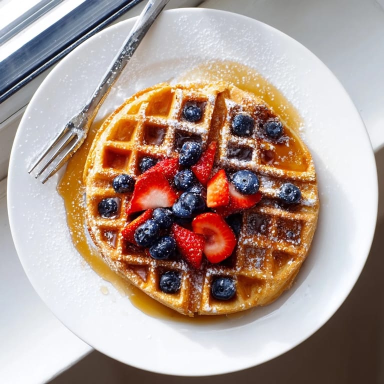 Stack of warm Waffles drizzled with maple syrup, served on a cozy plate.
