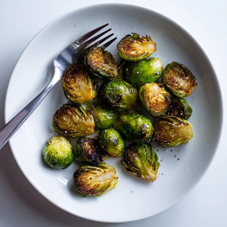 Crispy roasted Brussels sprouts on a baking sheet, seasoned with olive oil, salt, and pepper, ready to serve.