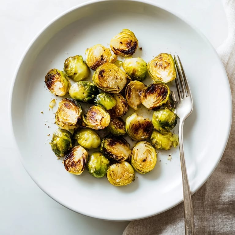 Freshly roasted Brussels sprouts with golden edges and a caramelized finish, perfect for a vegetarian side dish.