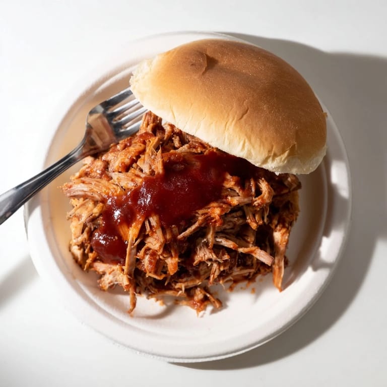 Slow-cooked pulled pork sandwich topped with creamy coleslaw and dill pickles served on a plate.