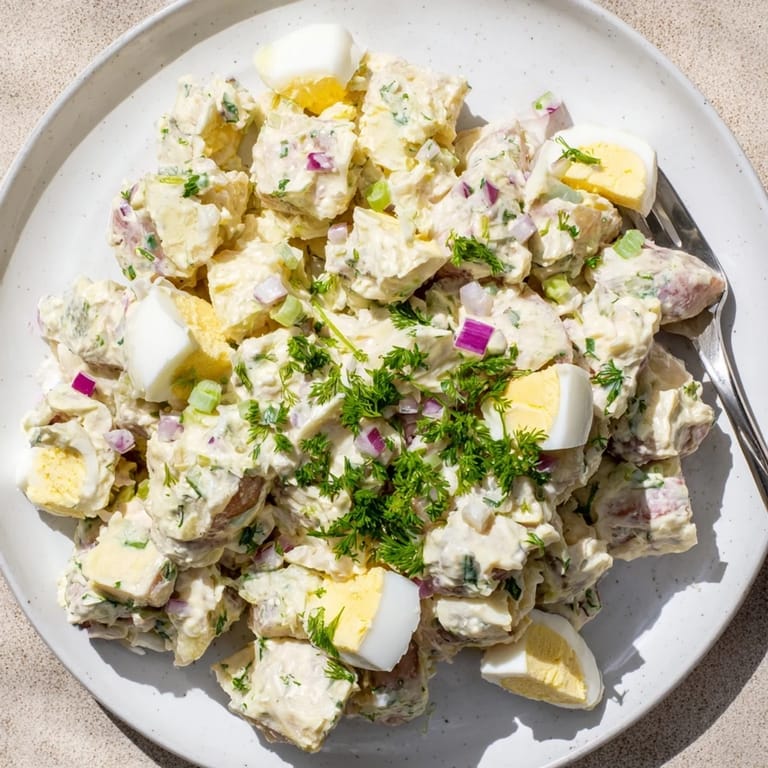 Chilled Potato Salad with hard-boiled eggs mixed into creamy dressing, ready to serve alongside grilled burgers or hot dogs.