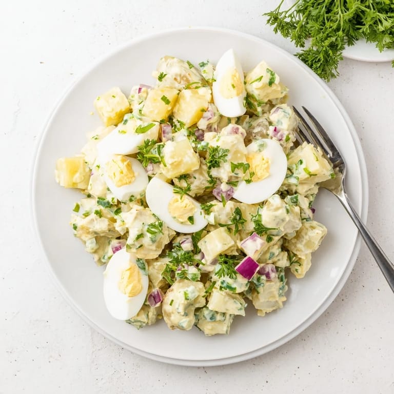 Classic homemade Potato Salad topped with fresh parsley, perfect for a summer barbecue or family picnic side dish.