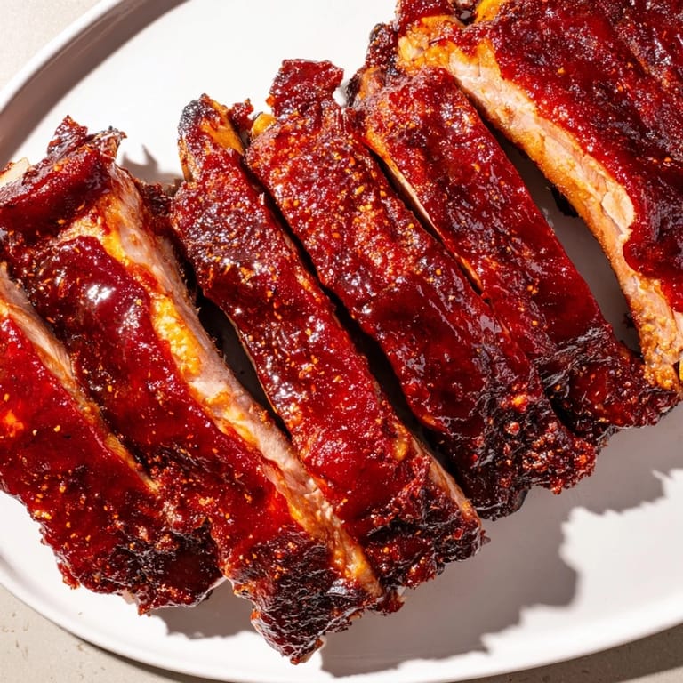 Freshly grilled BBQ Ribs drizzled with tangy barbecue sauce, paired with creamy coleslaw and cornbread for a feast. 