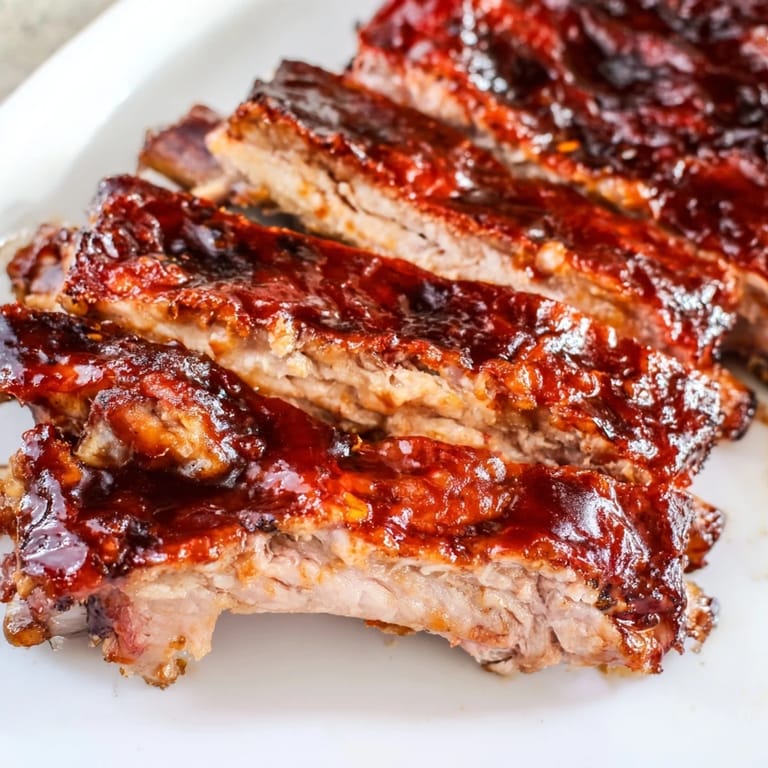 Golden, caramelized BBQ Ribs resting on a baking sheet, brushed with a rich, sweet, and smoky glaze.