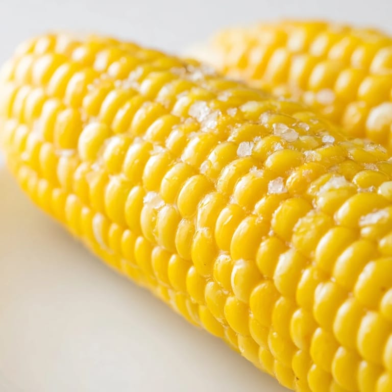 Grilled corn on the cob with golden char marks, brushed with butter and sprinkled with salt on a platter.