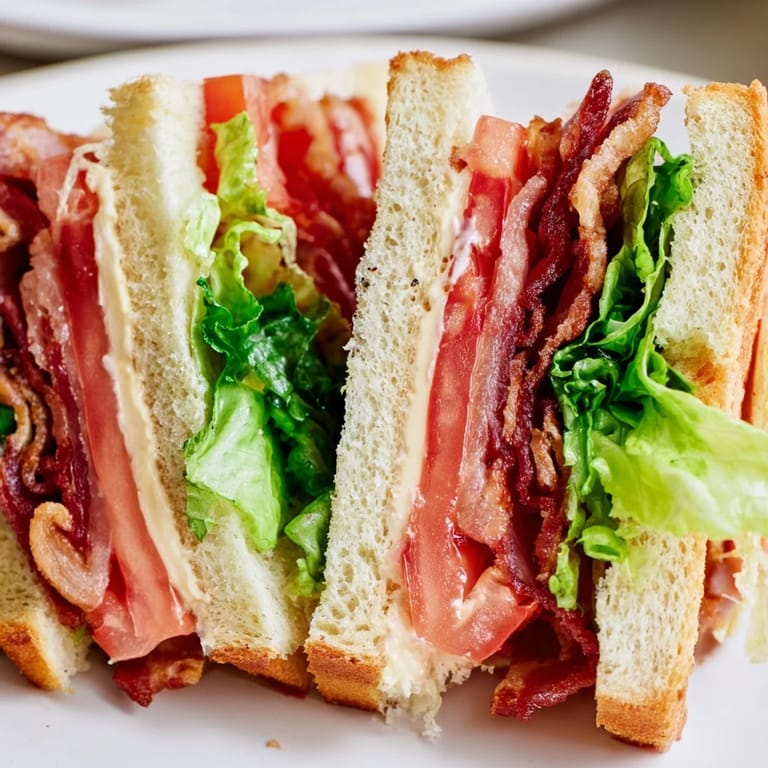Half of a toasted BLT Sandwich on a plate showing layered lettuce, tomato, and crunchy bacon.