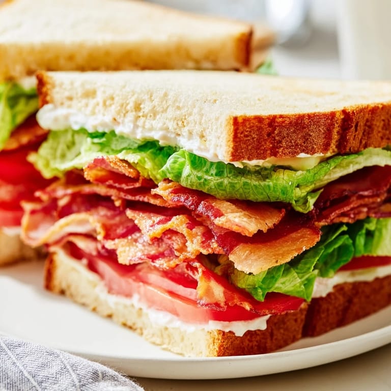 Homemade BLT Sandwich served with potato chips and pickles for a classic American lunch.