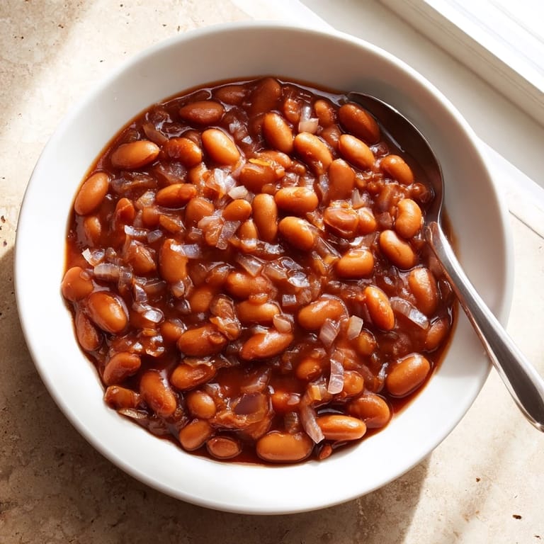 A close-up of Baked Beans with tender navy beans coated in a smoky, savory sauce, paired with crusty bread on the side.
