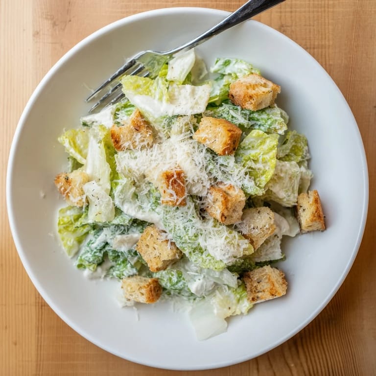 A close-up of a classic Caesar Salad highlights grated Parmesan cheese and a light, tangy dressing.