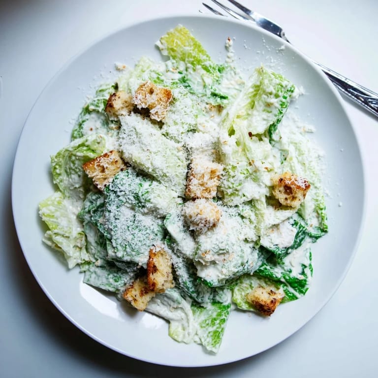 A wooden bowl of Caesar Salad with crisp romaine, croutons, and grated Parmesan, ready to serve.
