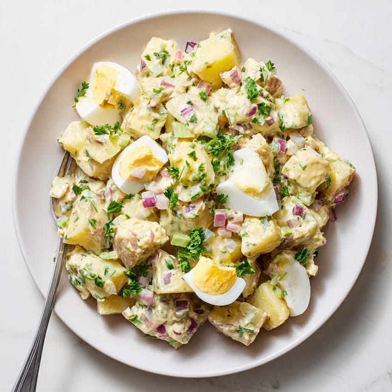 Chilled classic Potato Salad served in a white bowl garnished with parsley, perfect for summer barbecues and picnics.