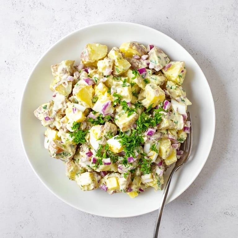 Close-up of a spoon lifting a bite of Potato Salad, showing creamy dressing and diced hard-boiled egg.