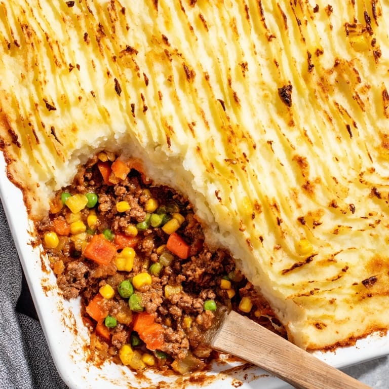 Fork-ridged creamy mashed potatoes top a rich ground beef and vegetable filling in Shepherd's Pie.